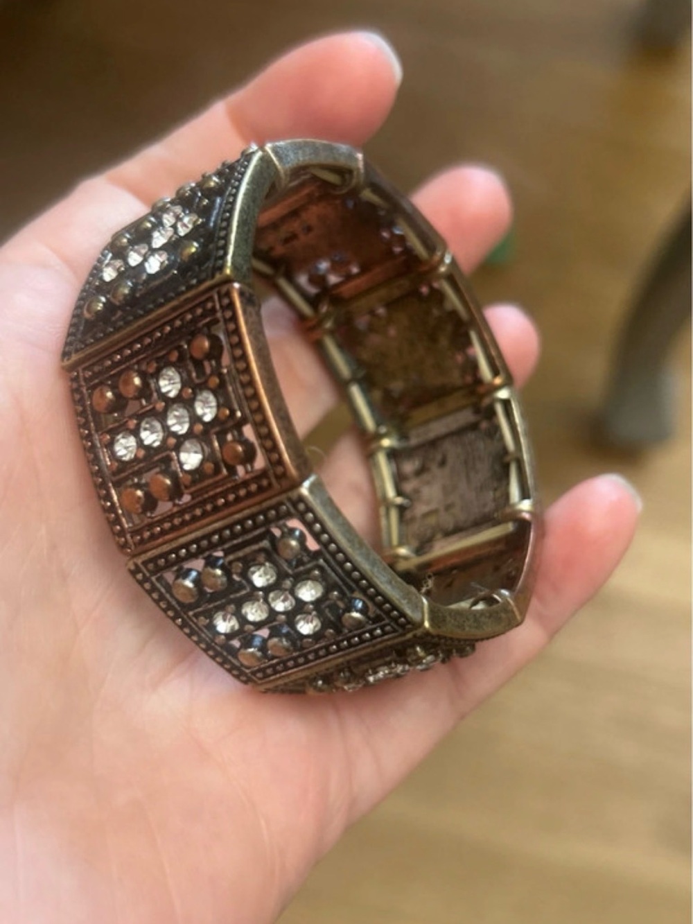 Antique Brass-Tone Crystal Stretch Bracelet with Cross rhinestone